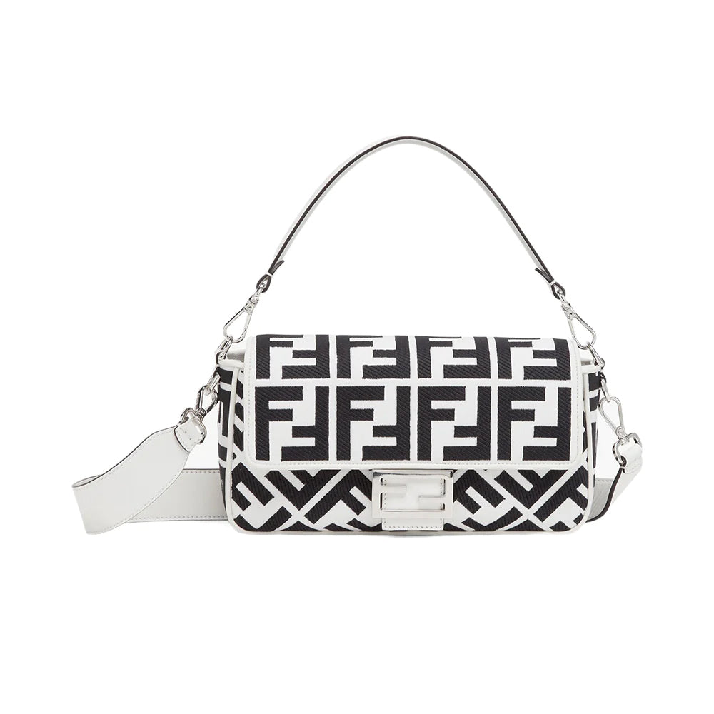 Fendi FF Embroidered Baguette Canvas Bag White Black 