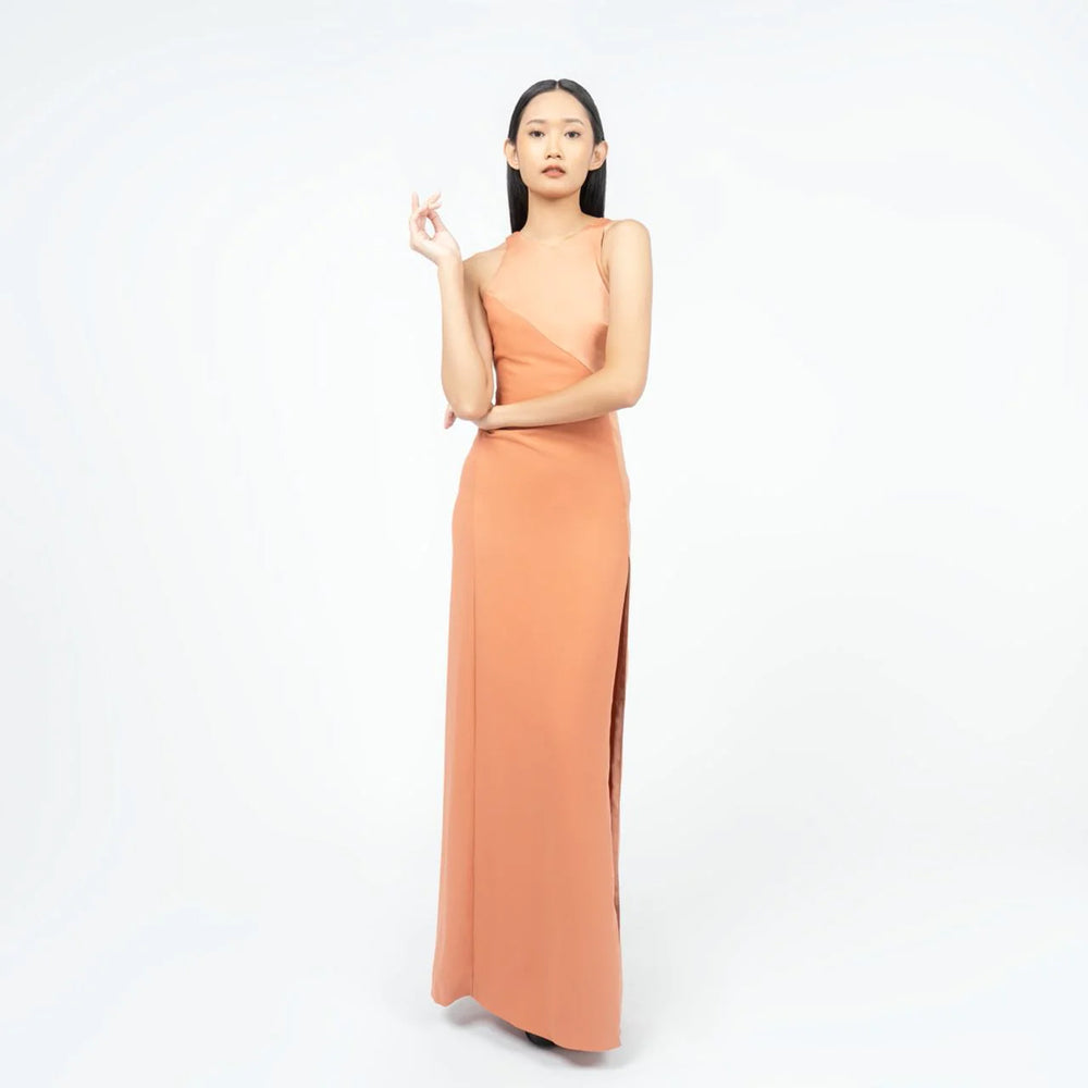 Pinko Long Two Tone Satin Sleeveless Satin Dress Brown
