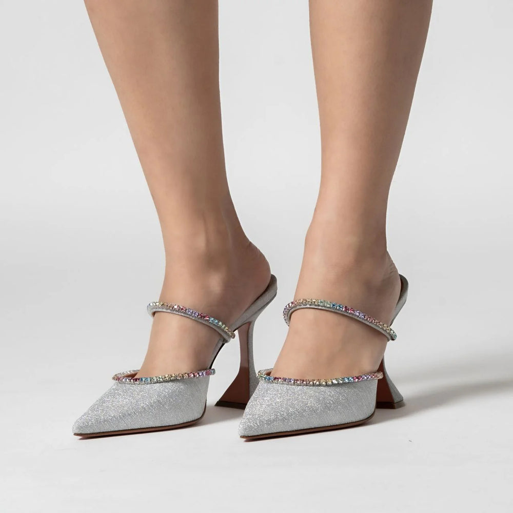 Amina Muaddi Gilda 95 Mules Heels Brushed Silver with Unicorn Crystal