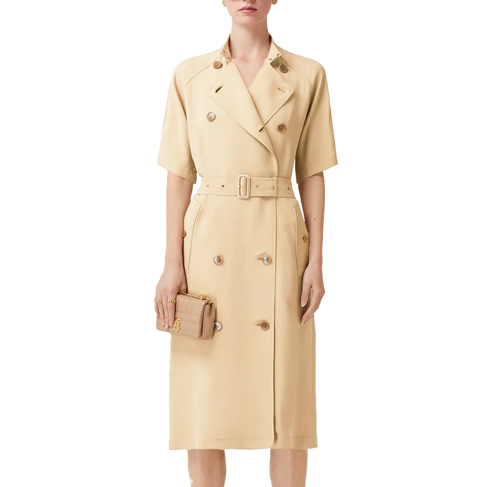 Burberry Short-Sleeve Viscose Cady Trench Dress Soft Fawn