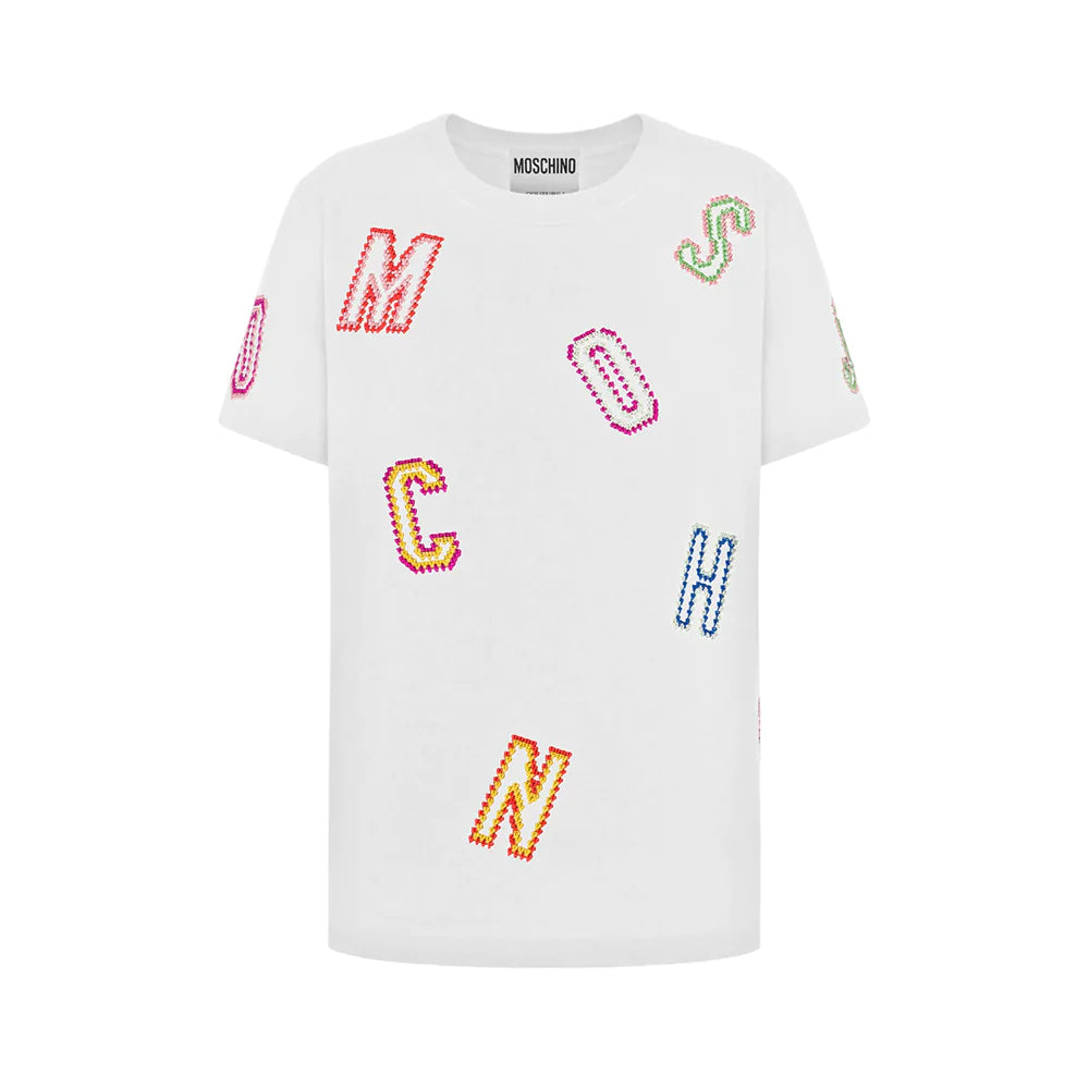 Moschino Multi Crochet Lettering Organic Jersey T-Shirt White