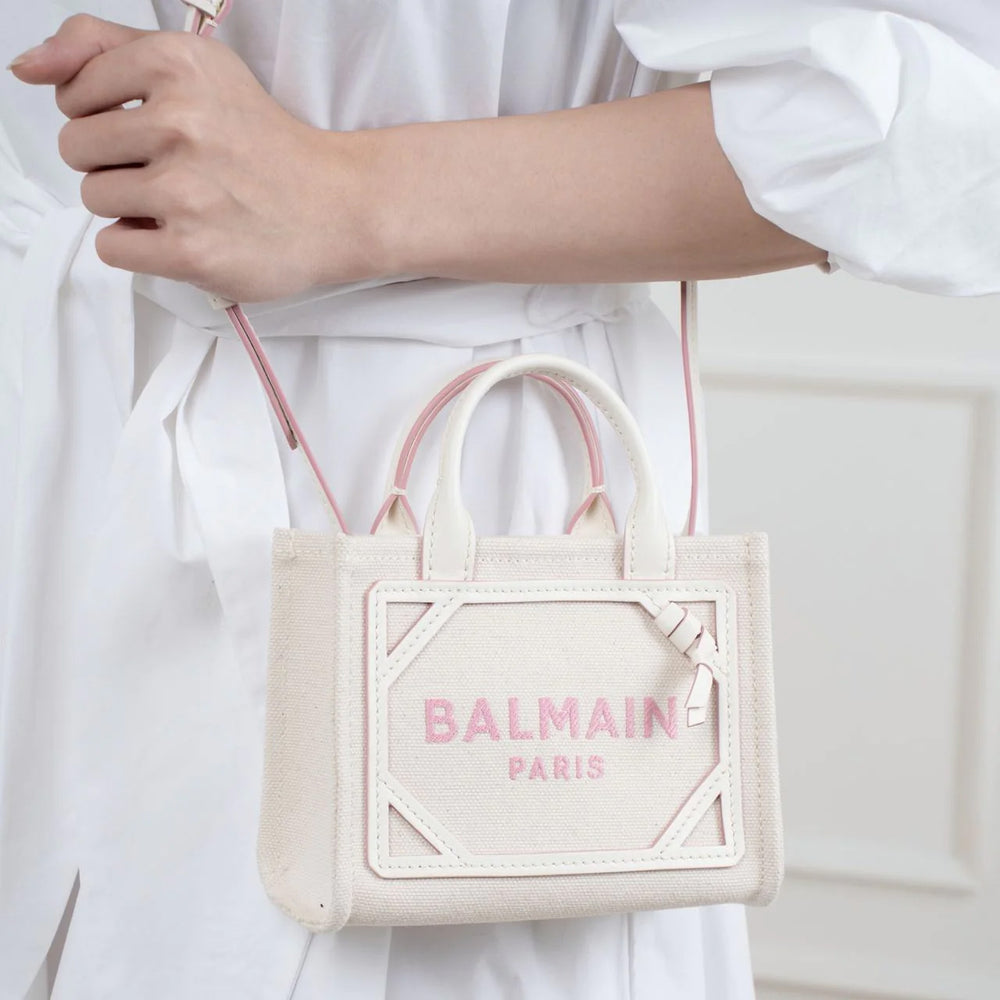 Balmain B-Army Mini Canvas Shopping Bag Cream White/Rose Pink