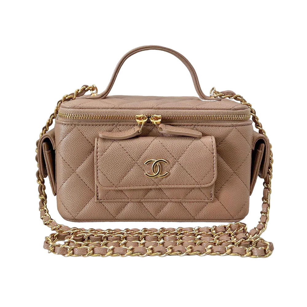 Chanel Vanity Grained Chain Top Handle Bag Dark Beige Ghw