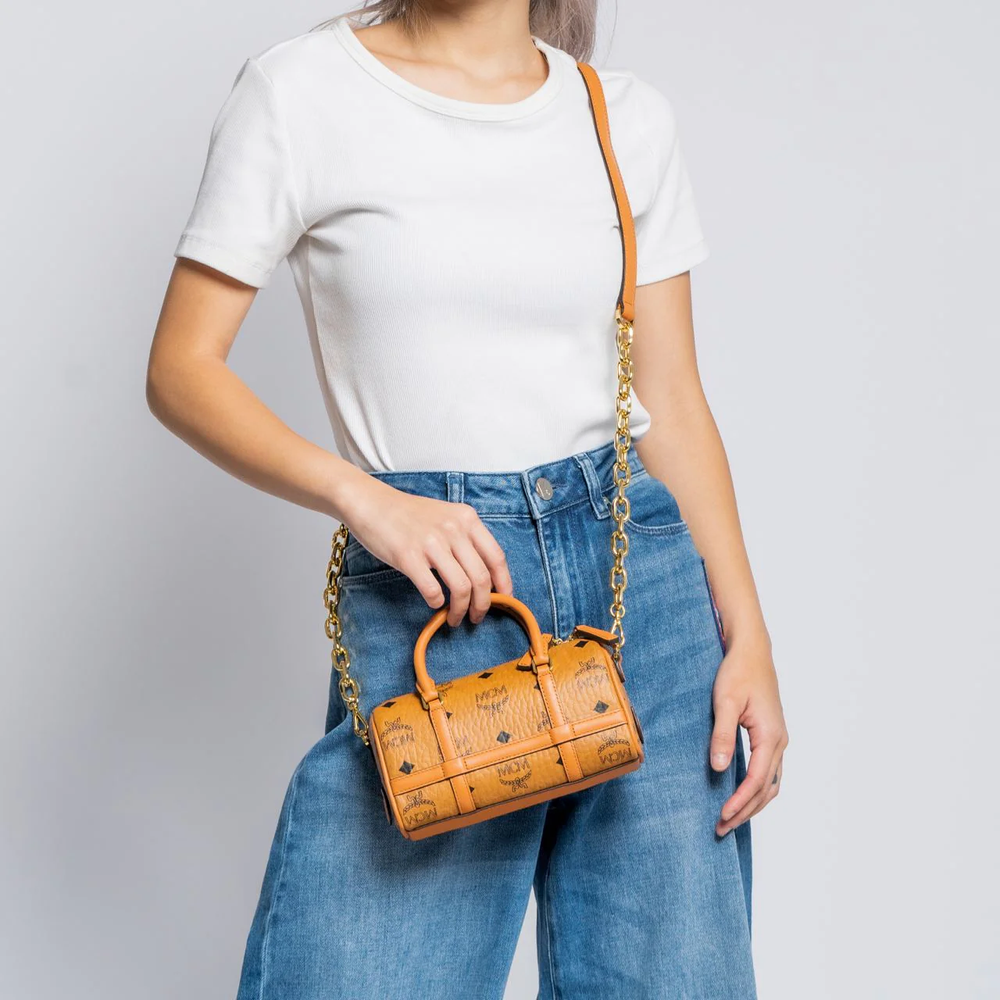 MCM Aren Mini Boston Bag Visetos Cognac