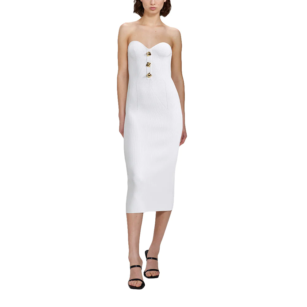 Self Portrait Strapless Ribbed Knit Midi Dress White