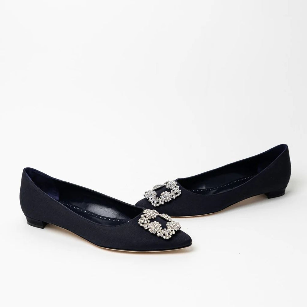 Manolo Blahnik Hangisi Flat Grosgrain with CLC Crystal Buckle Navy 