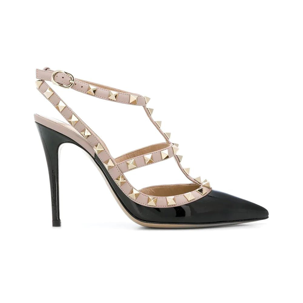 Rockstud Ankle Strap Patent Leather Pumps 100mm Black Poudre
