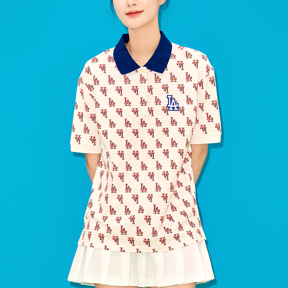 MLB LA Dodgers Monogram All Over Polo Shirt White/Pink Women