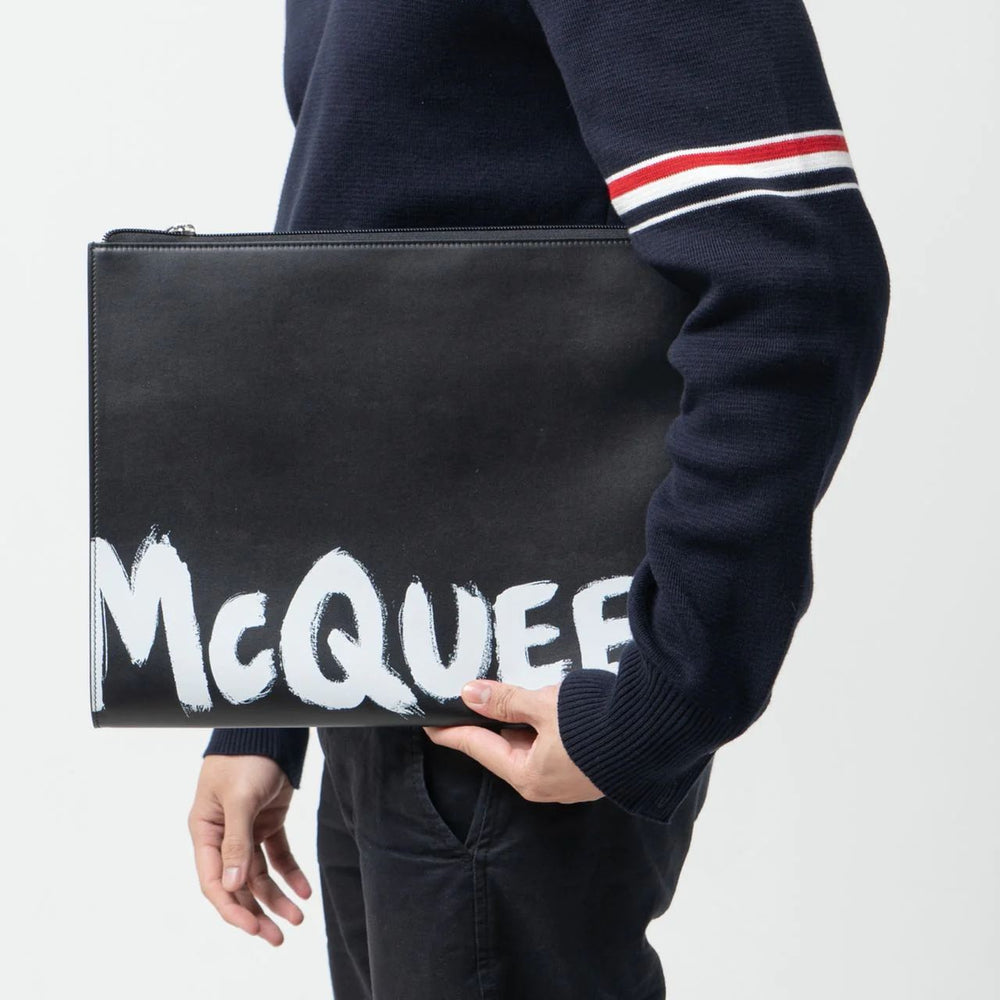 Alexander McQueen Graffiti Document Leather Pouch Black White