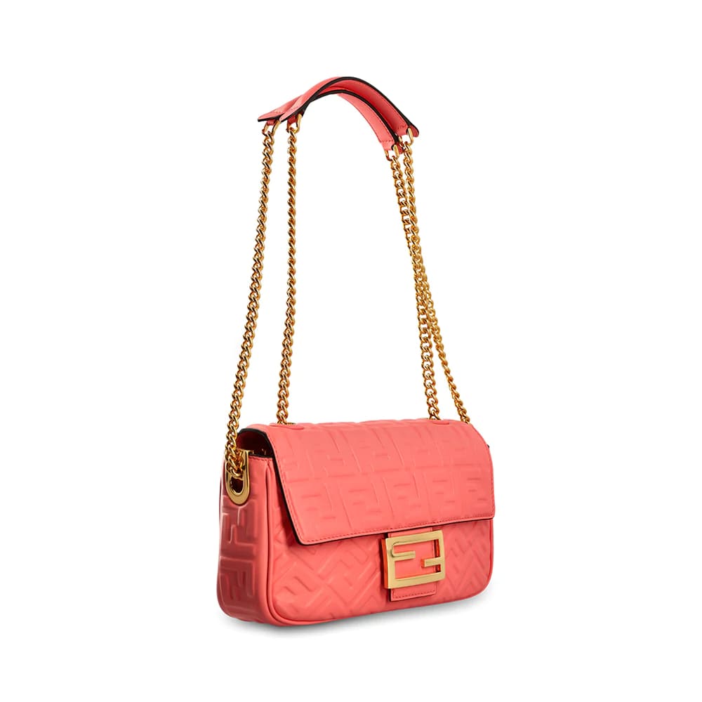 Baguette Chain Midi Leather Bag FF Embossed Pink Ghw