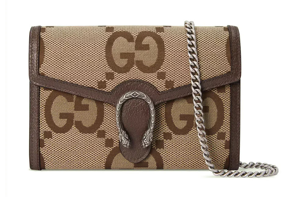 Gucci Dionysus Jumbo GG Chain Wallet Camel Ebony Brown