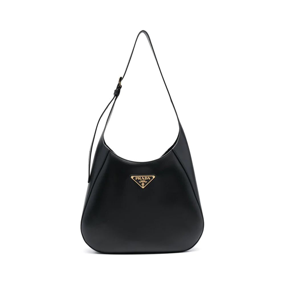 Prada Triangle Metal Logo Medium Hobo Bag Black