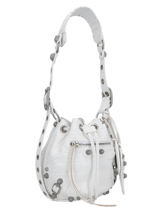 Balenciaga Le Cagole XS Bucket Bag Croco Embossed Rhinestones White