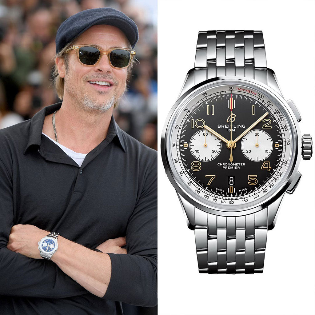 Brad Pitt memakai jam tangan Breitling Premier B01 Chronograph Norton