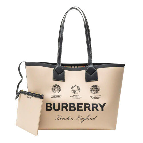 Burberry Label Print Cotton Medium London Tote Bag Black Natural