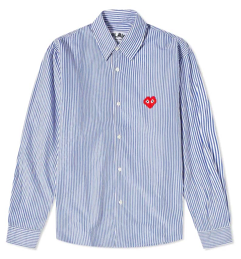 Comme Des Garcons Red Heart Patch Long Sleeved Striped Shirt Blue 