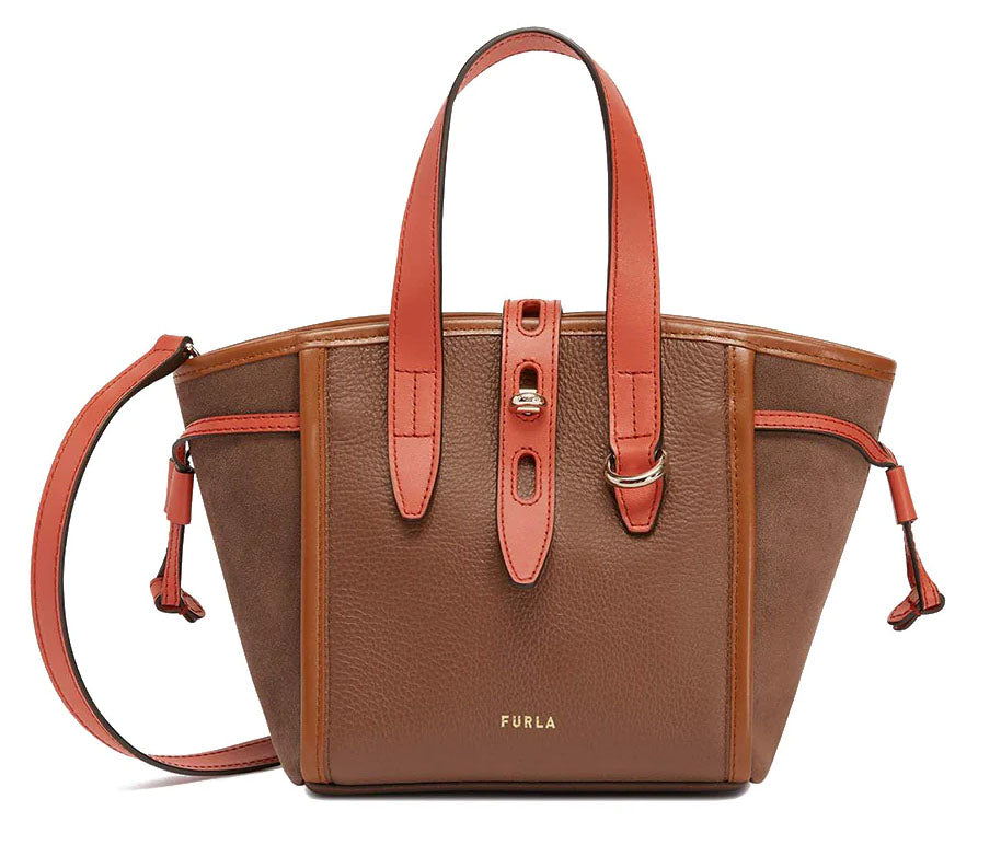 Furla Net Mini Tote Bag Suede Calfskin Grained Leather Toni Praline