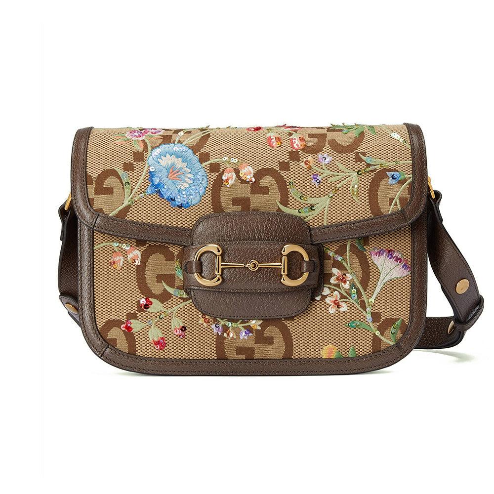 gucci Horsebit 1955 Flower Shoulder Bag Brown Ghw