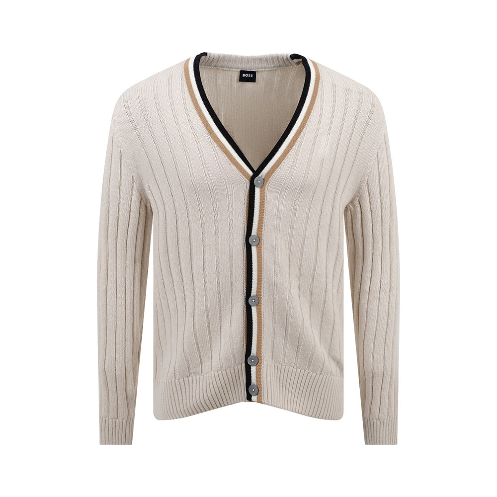 Hugo Boss Losilvio Signature Stripe Trim Cardigan Open White
