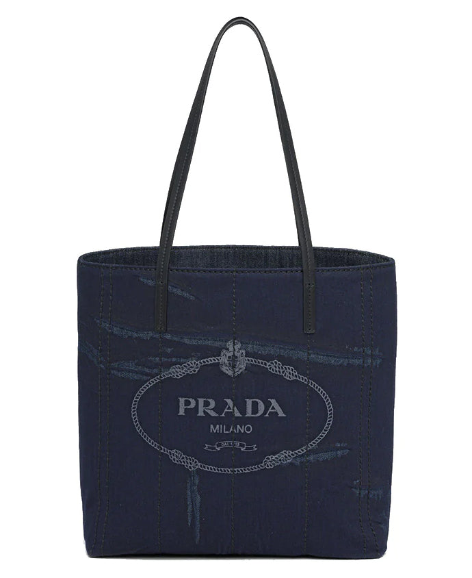 Prada Denim Medium Tote Bag Logo Print Blue Black 