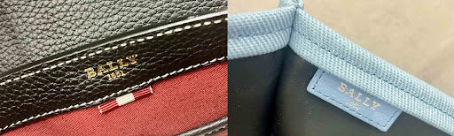 Label tas Bally yang dicap di atas leather