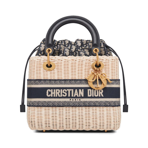 Medium Lady Dior Natural Wicker and Blue D Oblique Jacquard