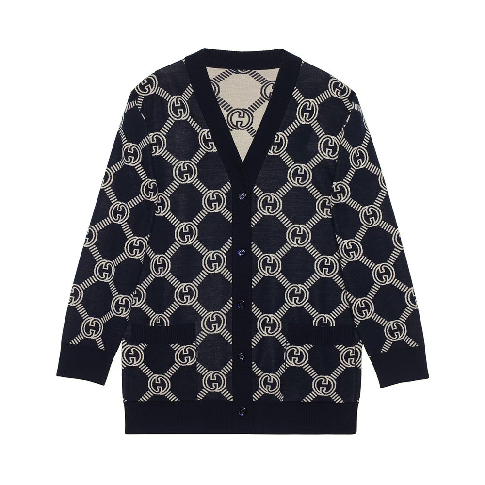 Gucci Cardigan Reversible GG Woo Jacquard Cardigan Knit Blue/Ivory