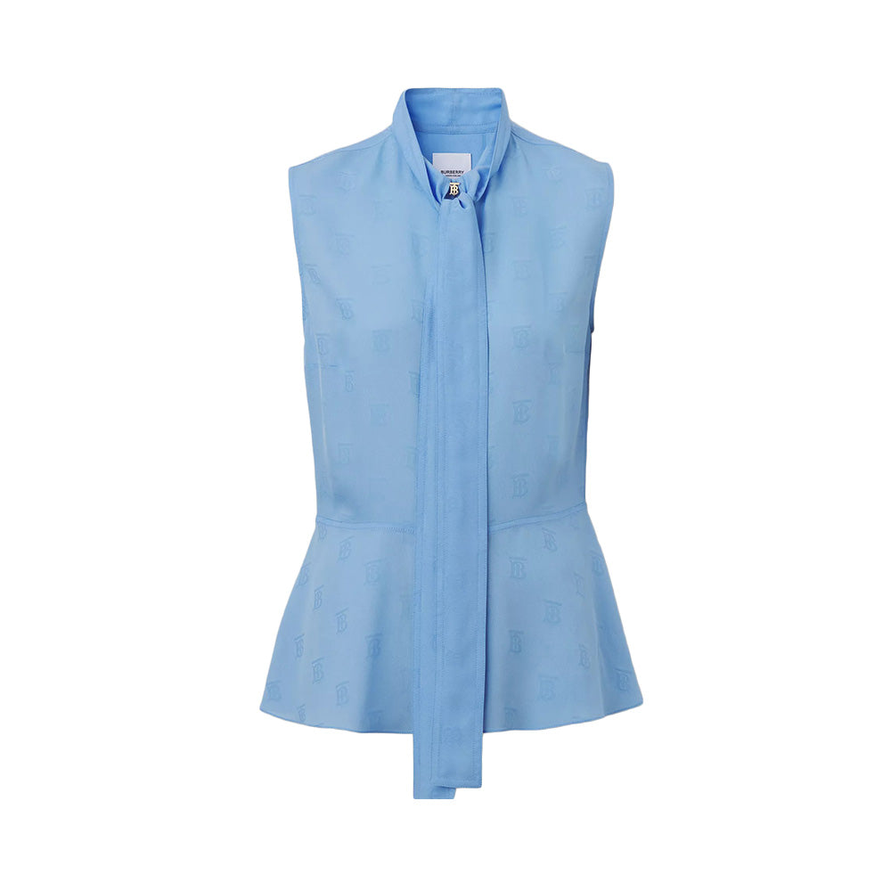 Burberry Top Sleeveless Monogram Motif Silk Blend Blouse Light Porcelain Blue