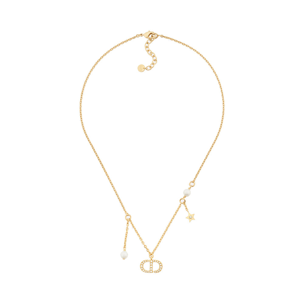 Christian Dior Petite CD Necklace Gold-Finish Metal with White Resin Pearls and White Crystals