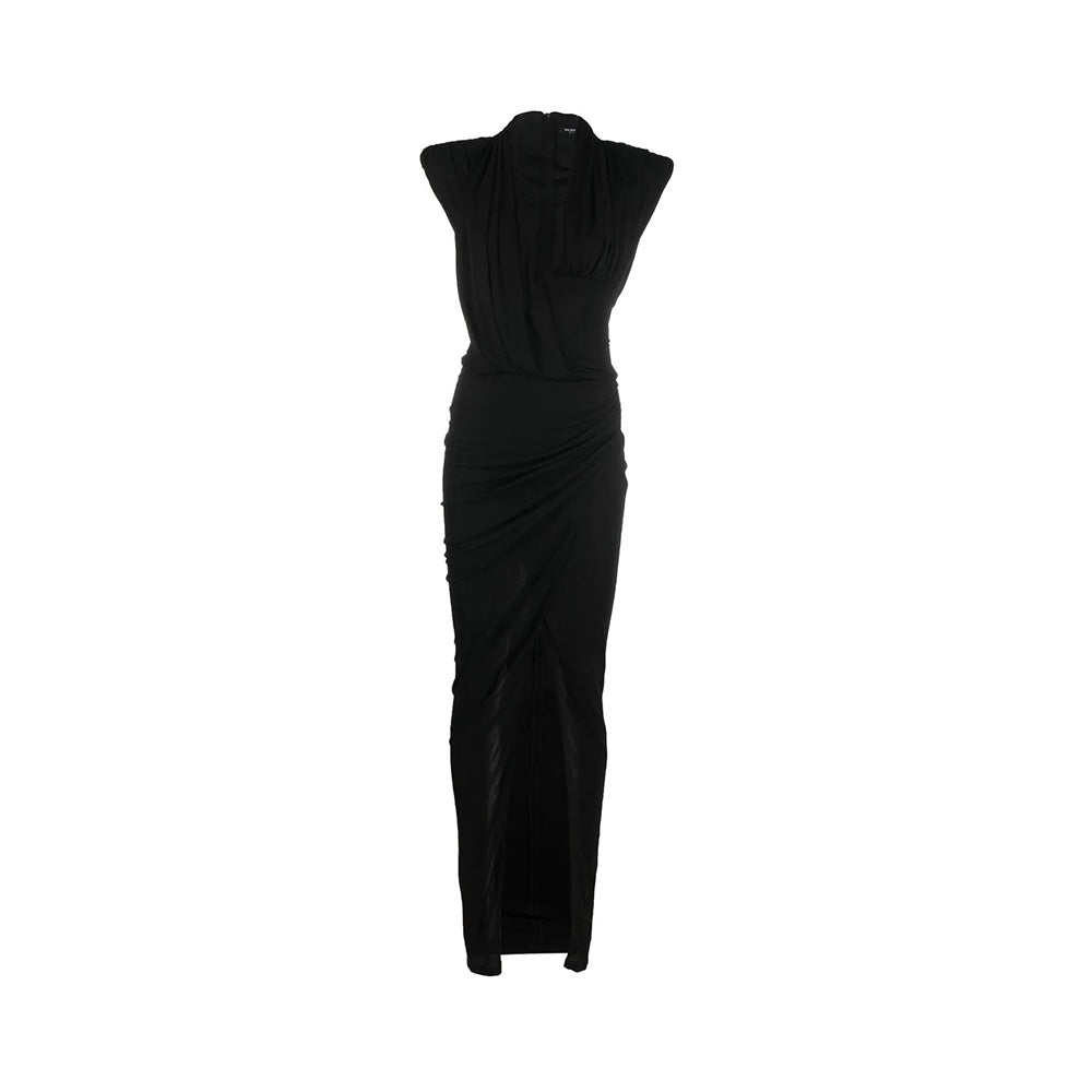 Balmain Dress Long Draped Jersey Dress Black