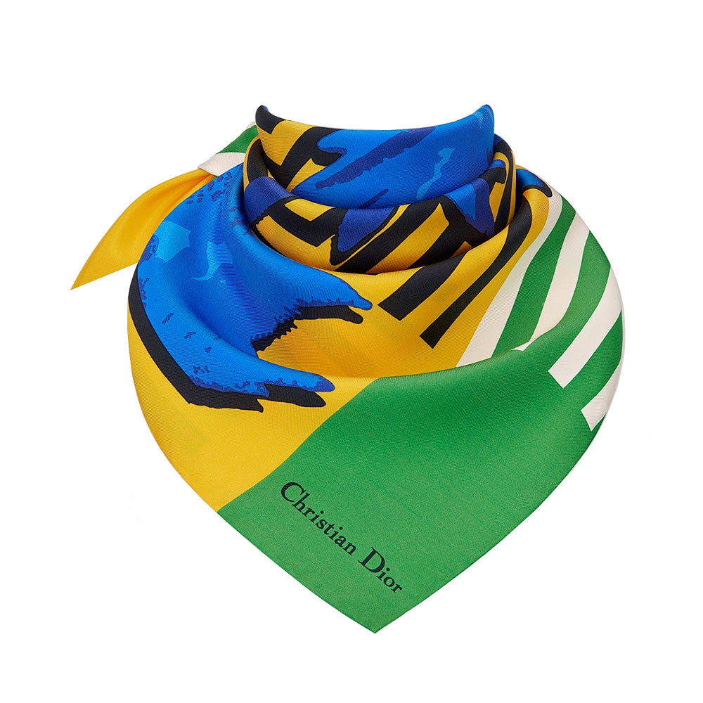 christian dior D-Flower Pop Print Square Scarf Silk Multicolor Yellow Green Blue
