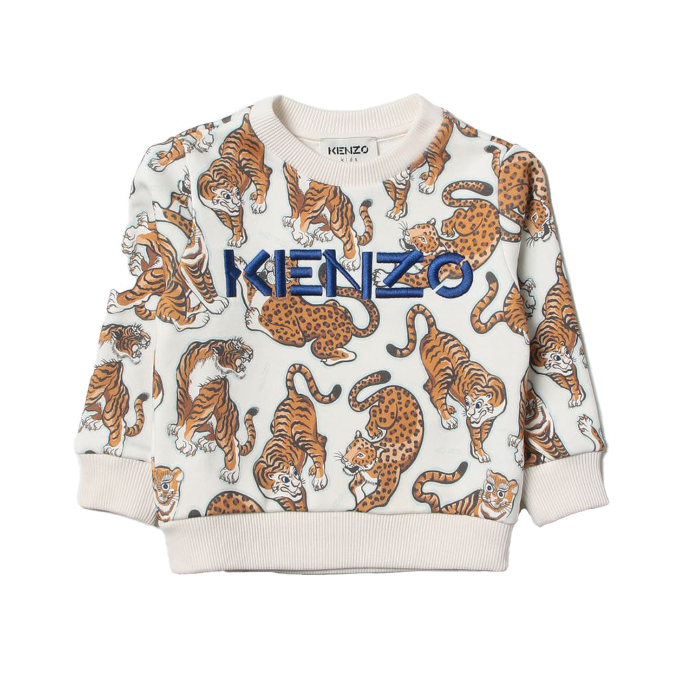 Kenzo Kids Allover Tiger Print with Logo Embroidered Sweatshirt White