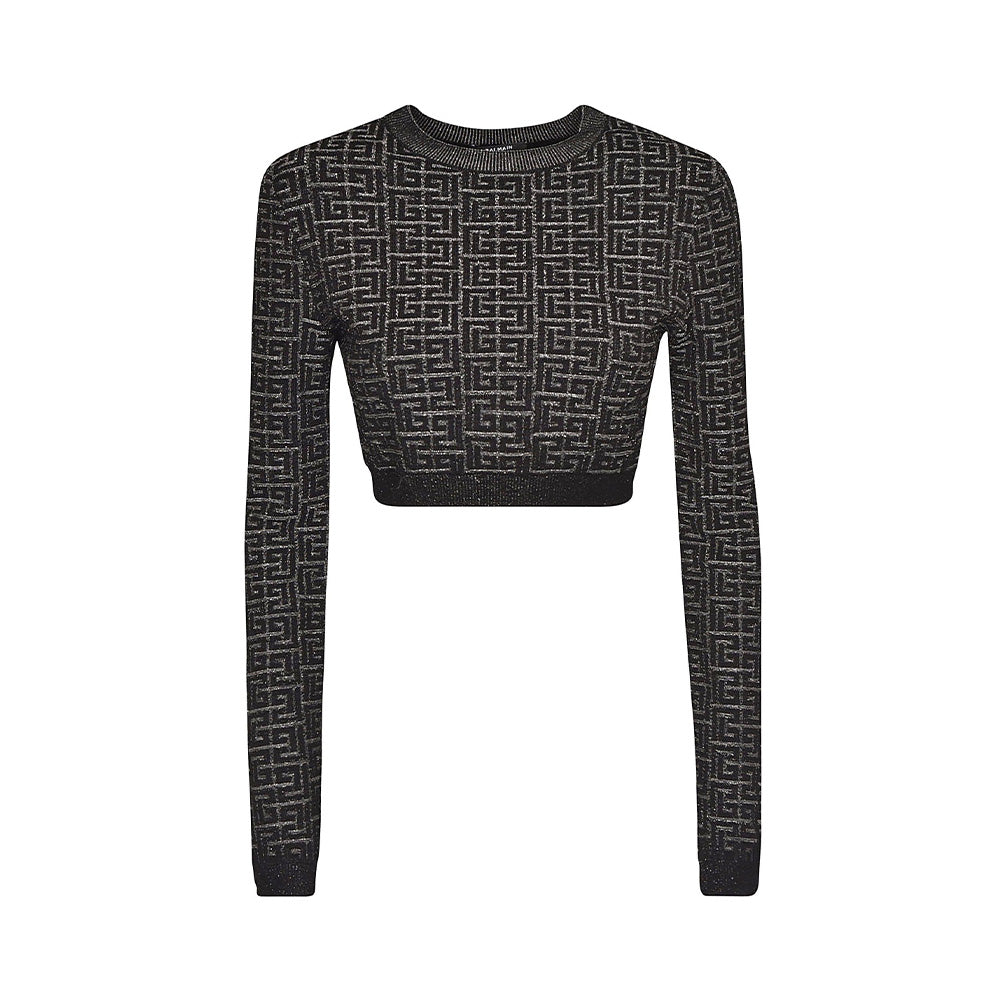 Balmain Knitwear Monogram Knit Cropped Jumper Black