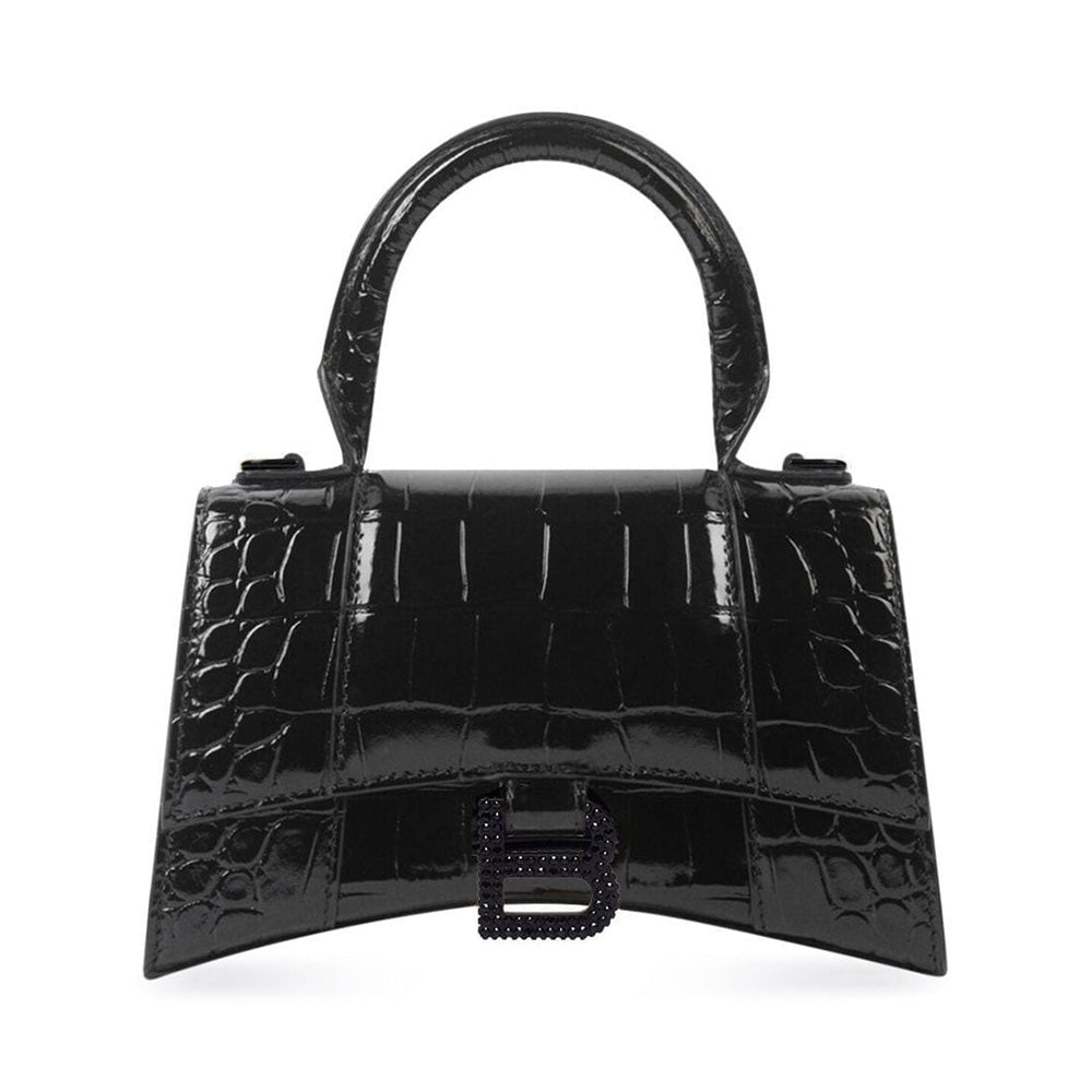 Balenciaga Hourglass XS Top Handle Bag Croco with Rhinestone Black