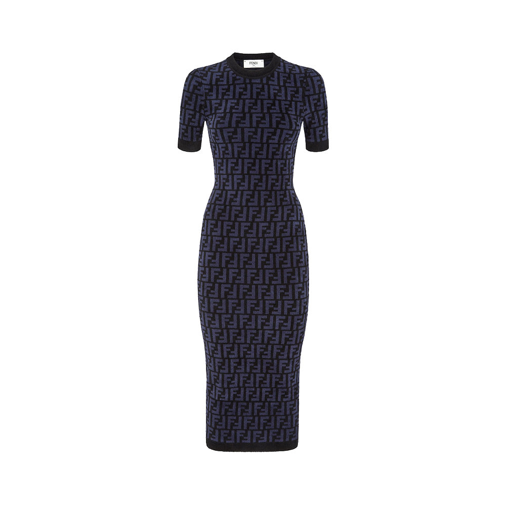 Fendi Dress FF Velvet Short Sleeves Dress Blue