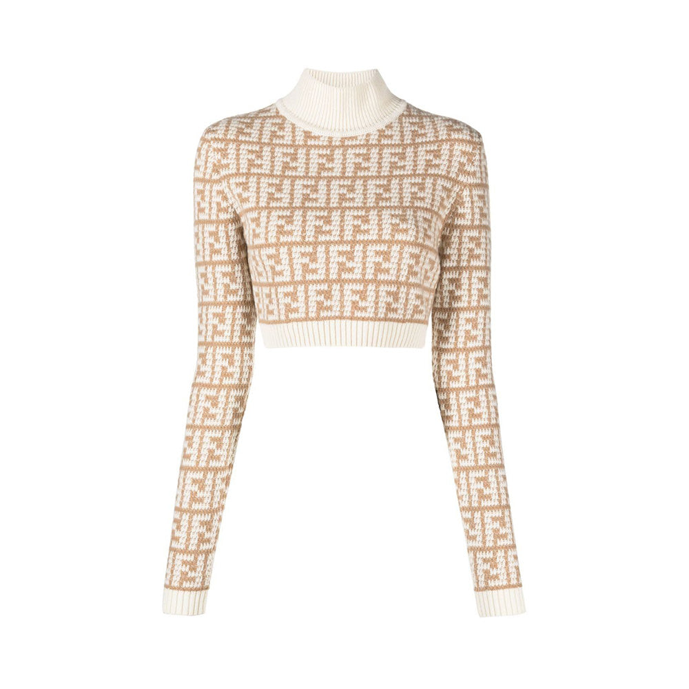 Fendi Knitwear Monogram Jacquard Cropped Knit Camel Brown