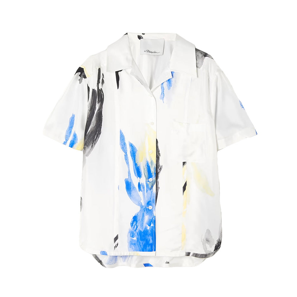 PHILLIP LIM Shirt Printed Silk Twill Camp Short Sleeve Shirt Cornflower Blue Multi