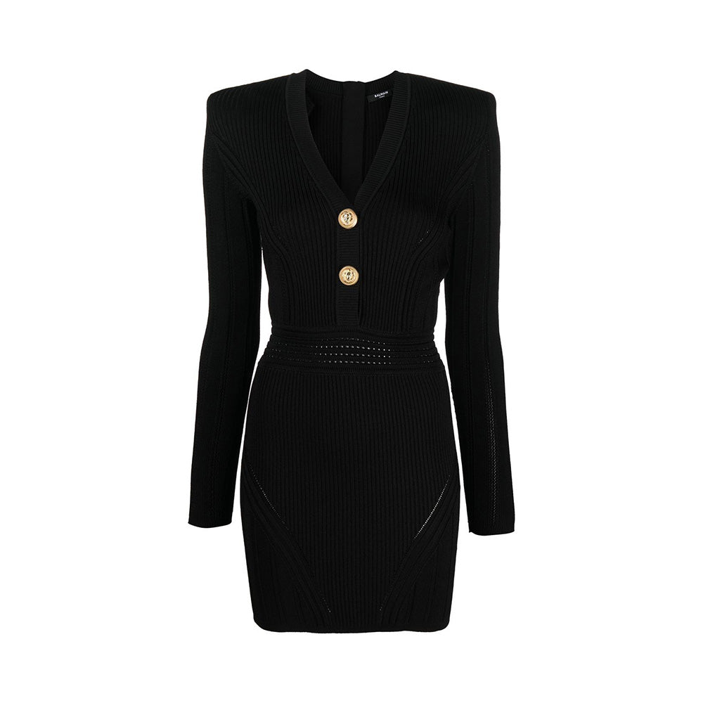 Balmain Ribbed Knit Mini Dress Black