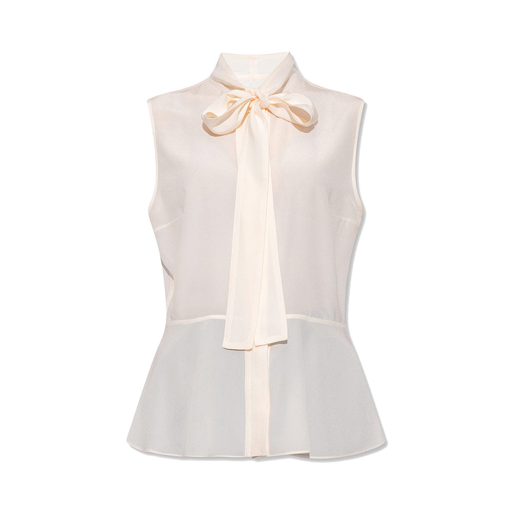 Burberry Top Sleeveless Silk Crepe de Chine Tie-Neck Blouse Soft Sand