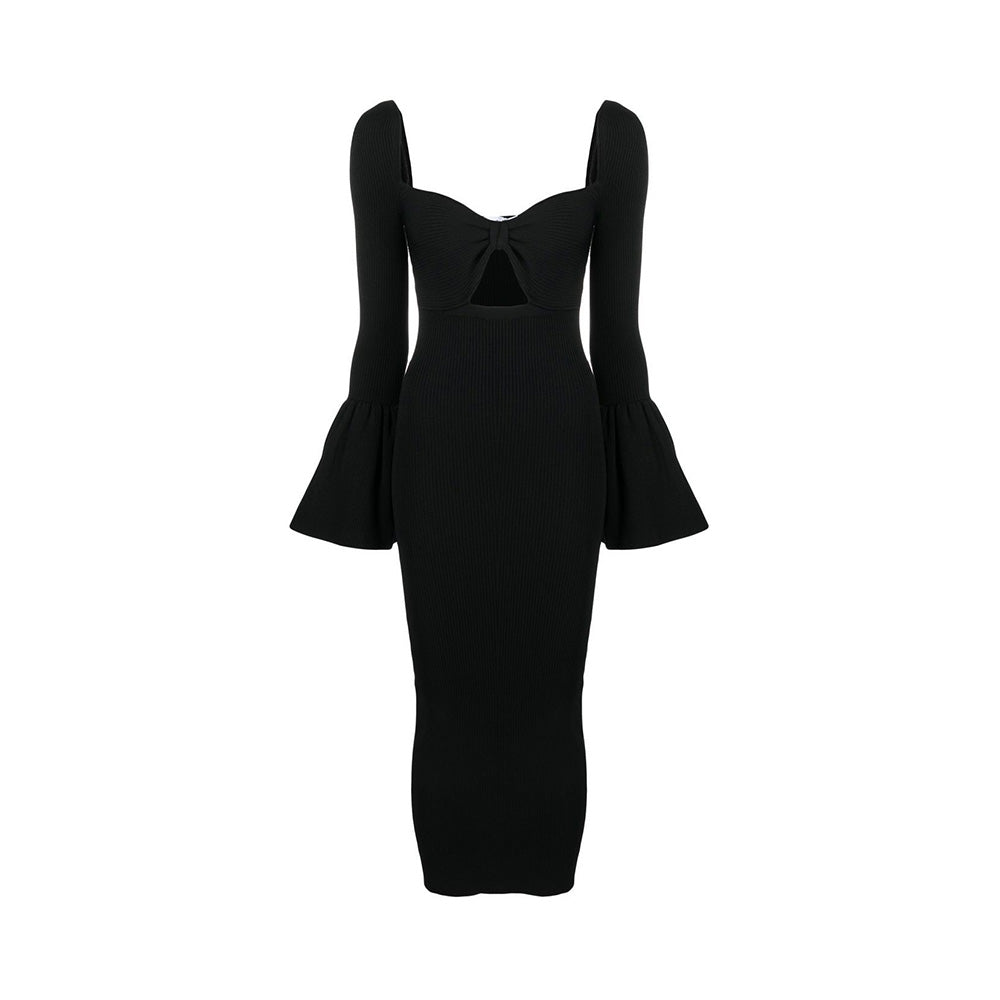 self portrait Ribbed Knit Bow Bust Midi Dress Black