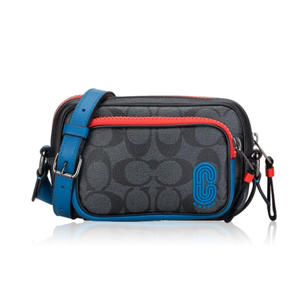 Coach Mini Edge Double Pouch Signature Charcoal Blue Jay Multi 