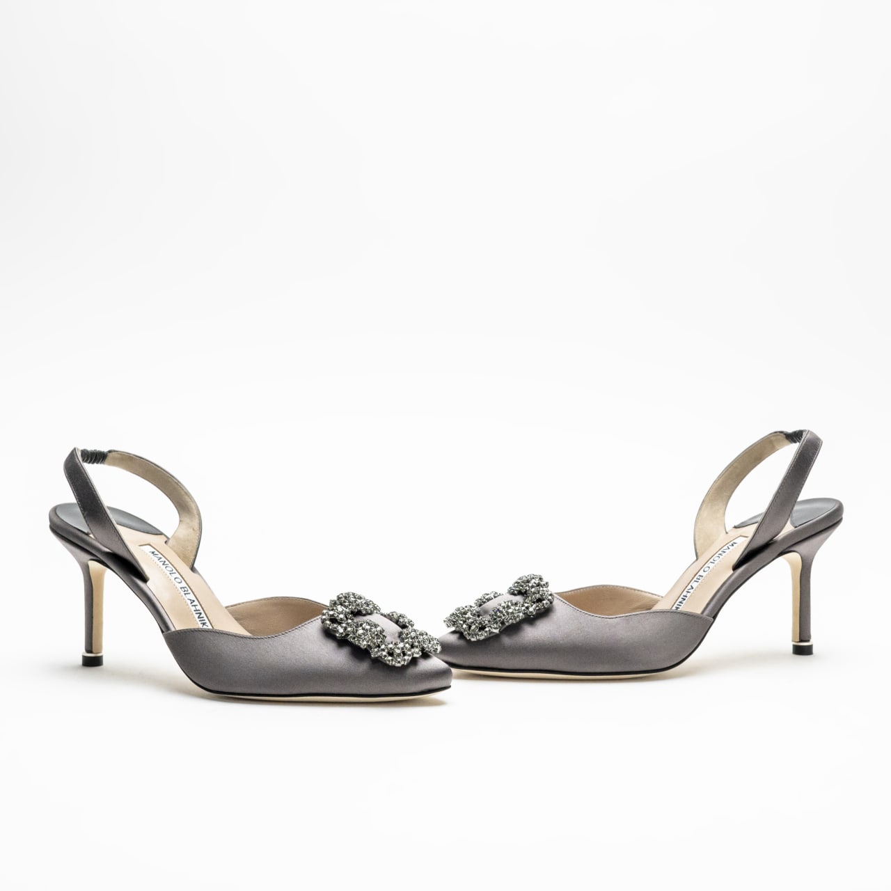 Manolo Blahnik Hangisli 70 Satin Slingback Heels with FMC Crystal Buckle Dgrey