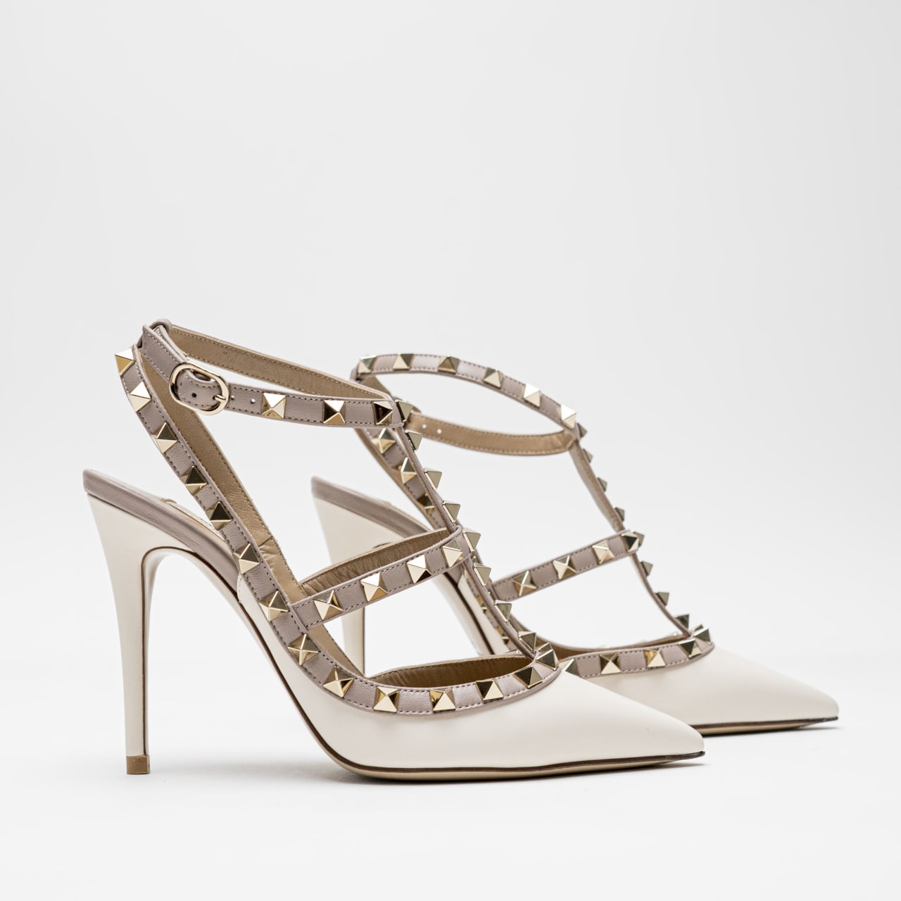 Valentino Garavani Rockstud Ankle Strap Pumps Heels 100mm Ivory Poudre