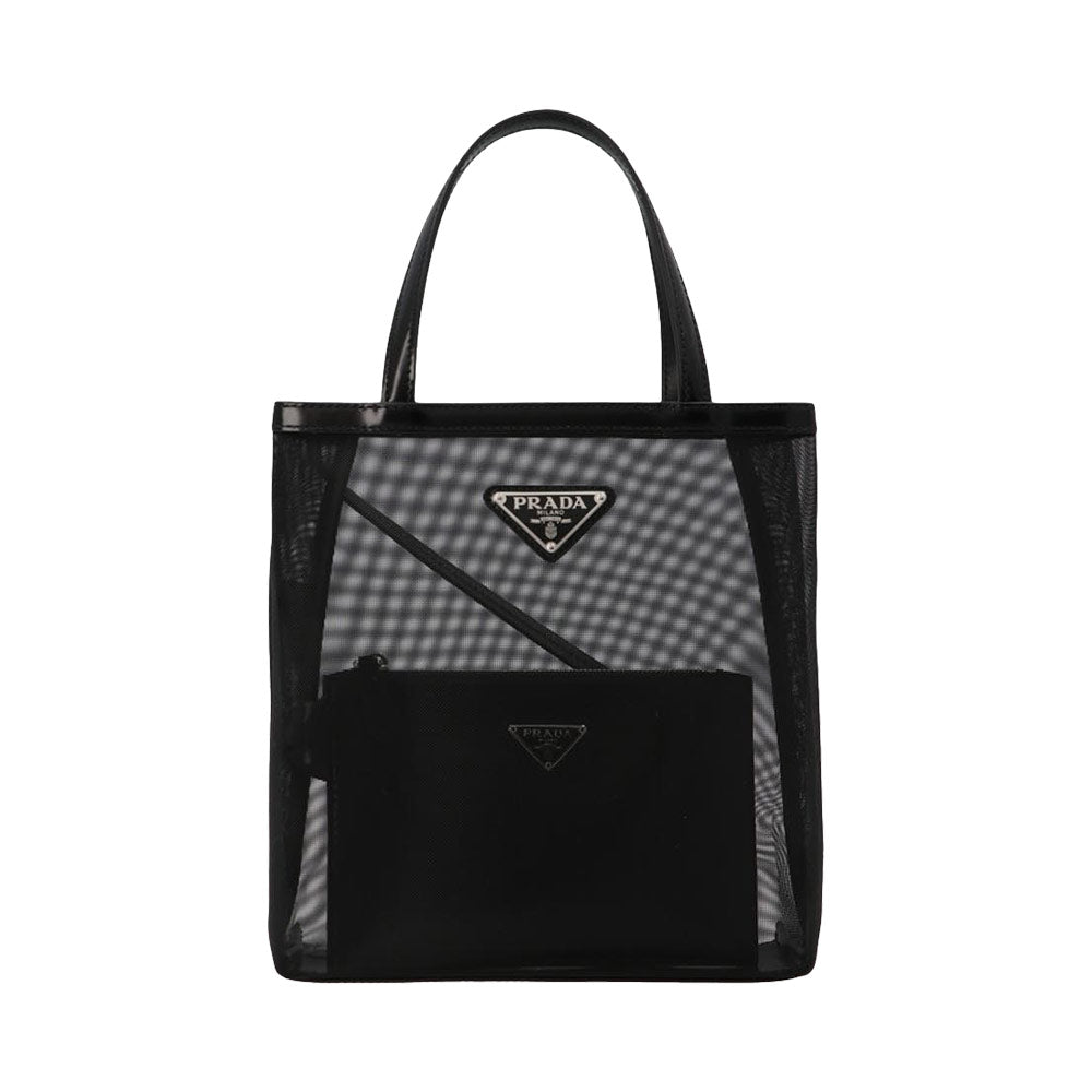 Prada Triangle Logo Small Mesh Transparent Shopping Bag Black