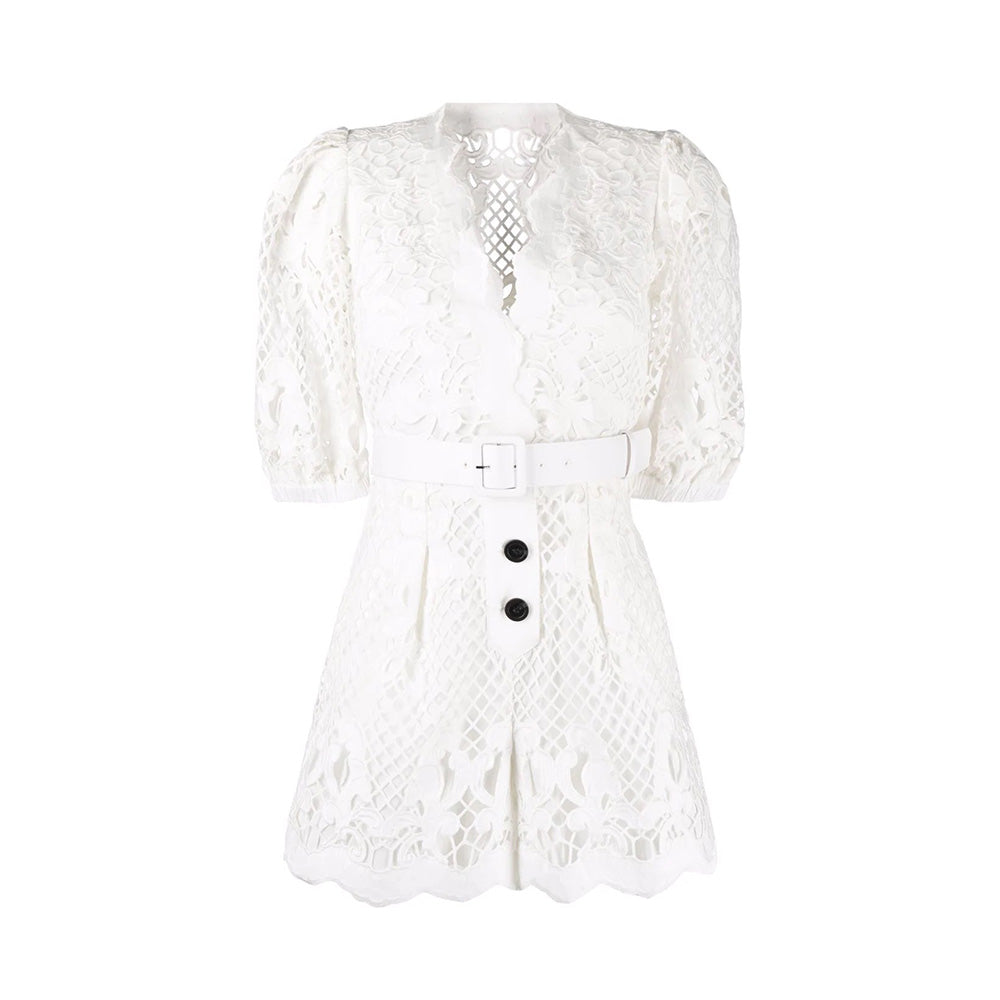 Self Portrait Jumpsuit Lattice Embroidered Belt Playsuit White