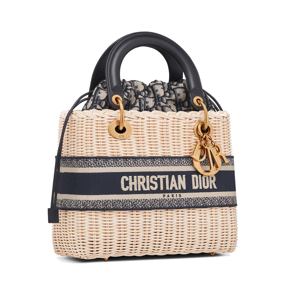 Christian Dior Medium Lady D' Natural Wicker and Blue D' Oblique Jacquard